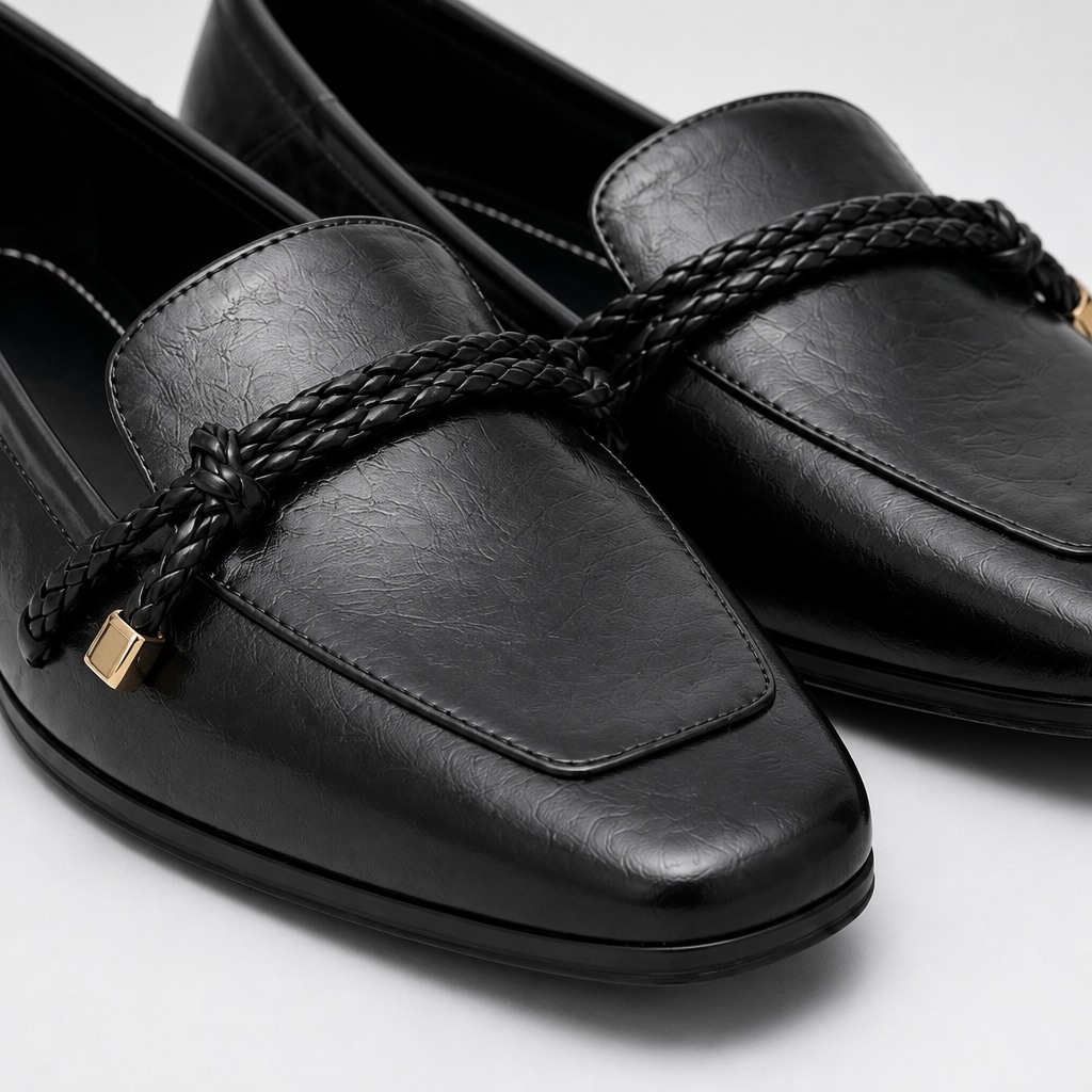 Close-up of black square toe shoe texture, stitching, and bow detail