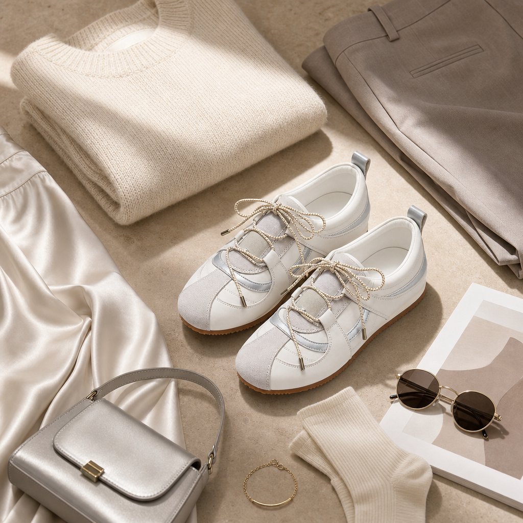 Λευκά sneakers σε μοντέρνο επίπεδο με ρούχα, τσάντα και γυαλιά ηλίου
