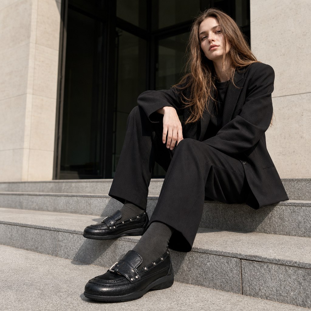 Mocassins portés sur des marches dans une scène de style de vie
