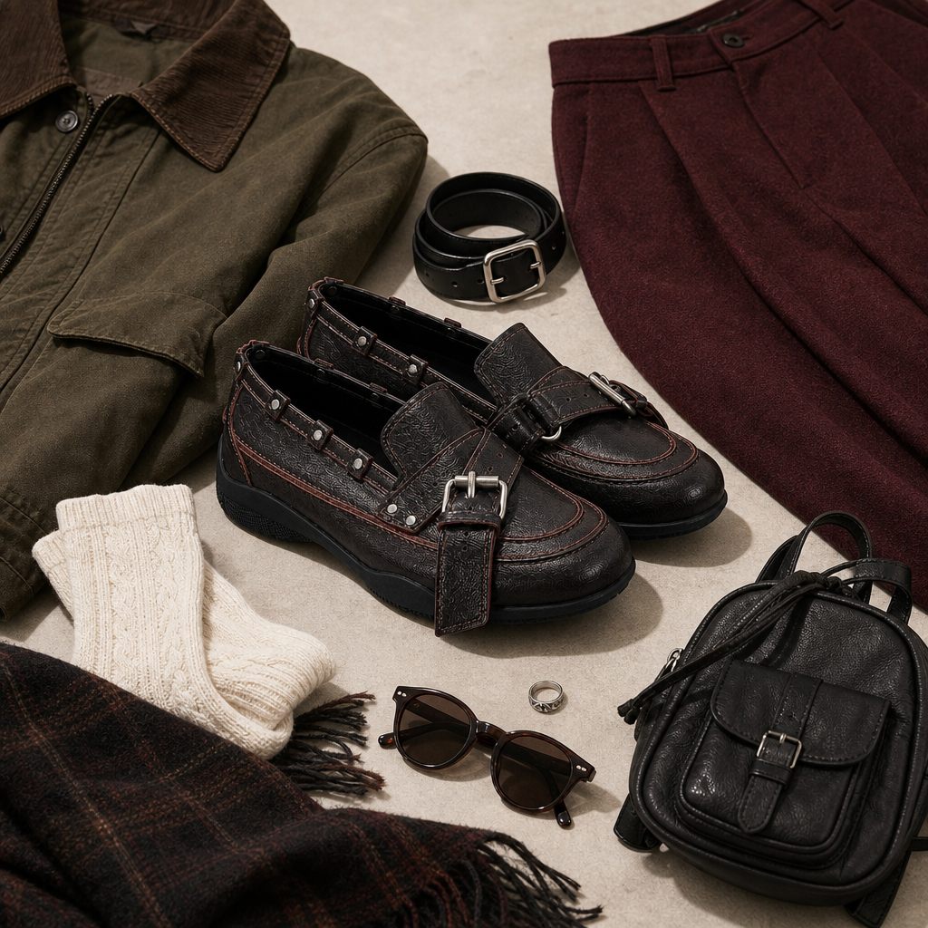 Composition à plat stylisée avec mocassins, vêtements et accessoires