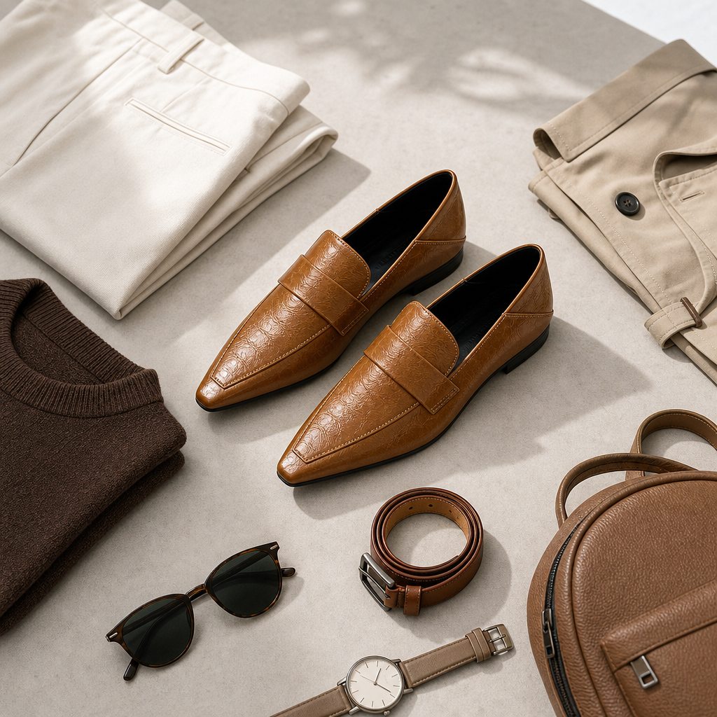 Ballerines kaki assorties à des vêtements et accessoires