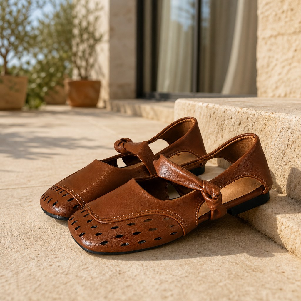 Coffee flat casual shoes placed on outdoor steps