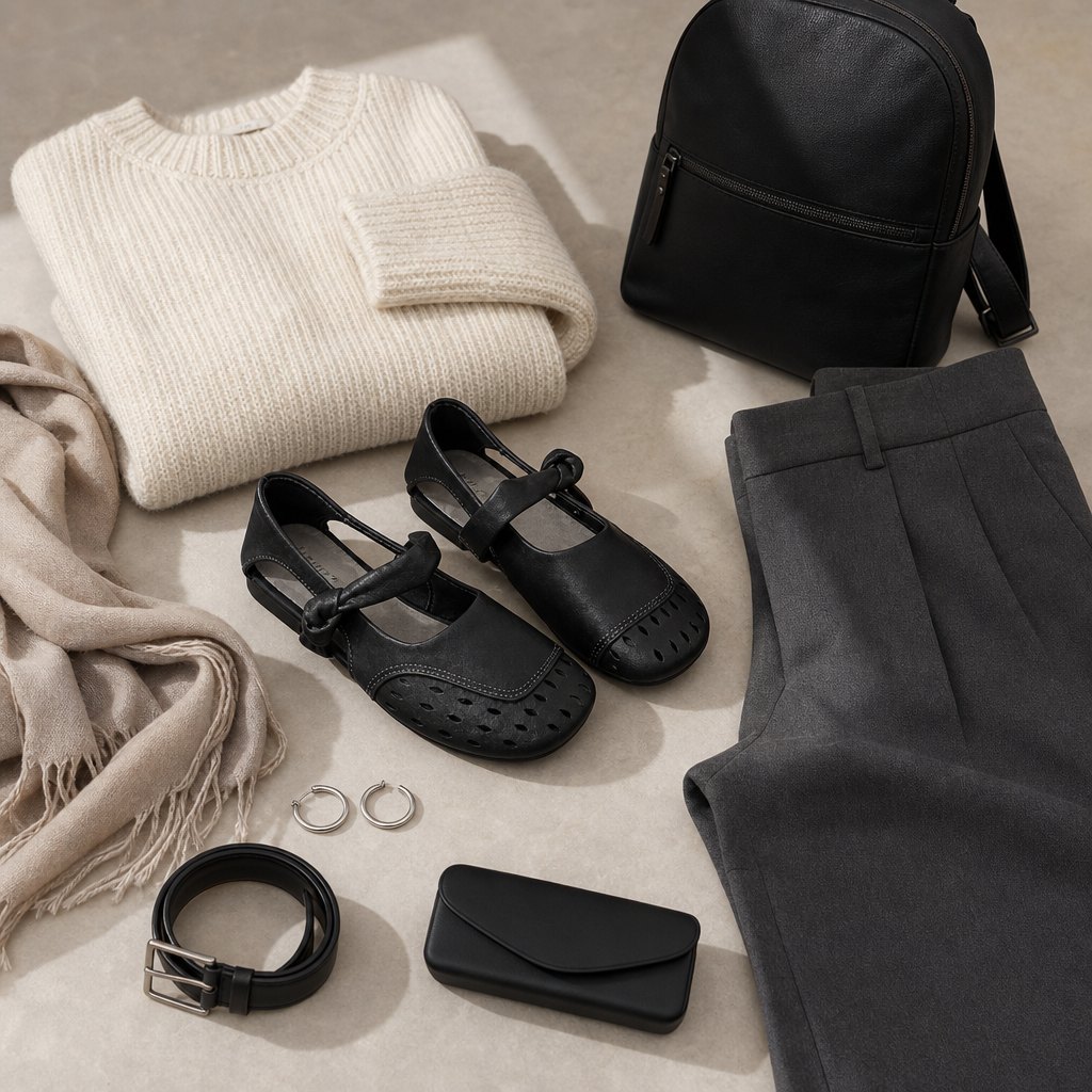 Black flat shoes in a casual outfit flat lay