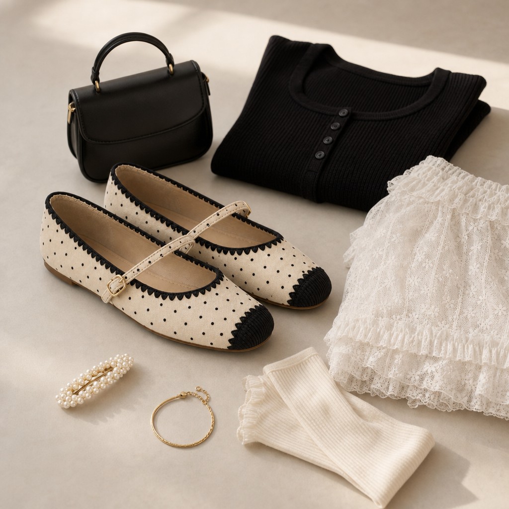 Ballerine Mary Jane color crema in una composizione flat lay con accessori