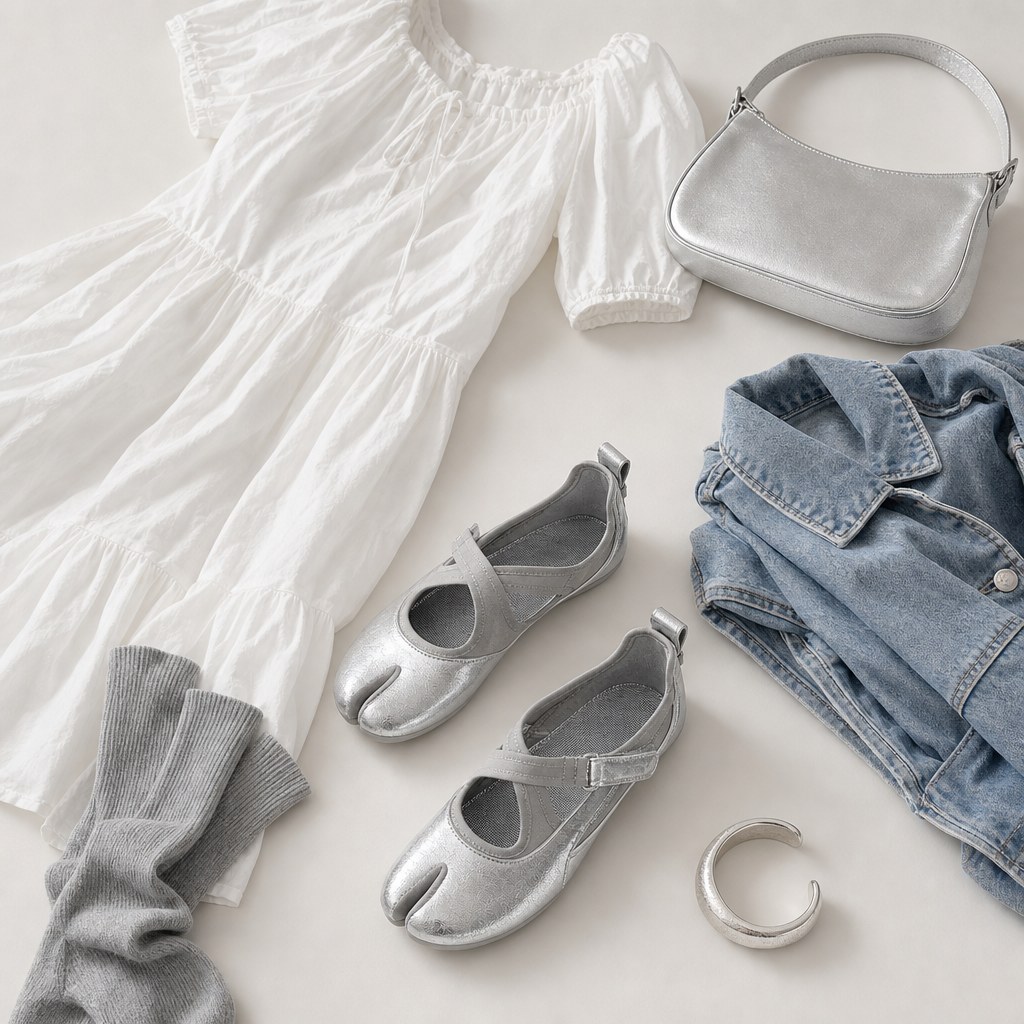 Ballerine argentate in una scena di outfit dall'alto
