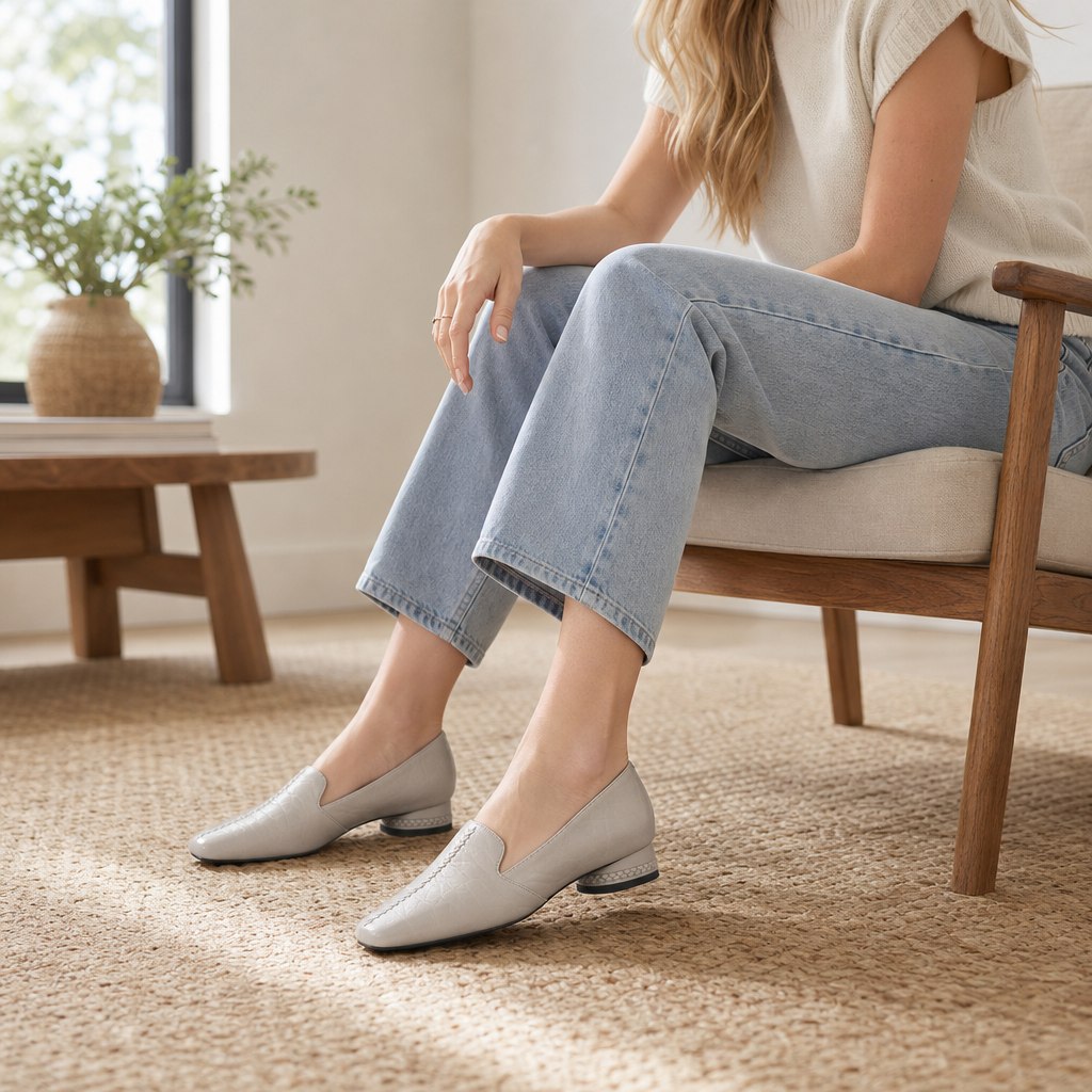 Ballerines beige-gris portées dans un cadre de bureau intérieur