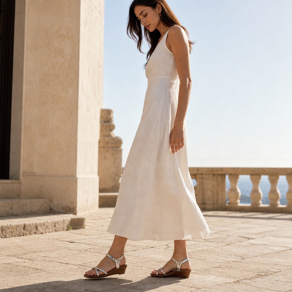 Model wearing the square toe wedge sandals outdoors