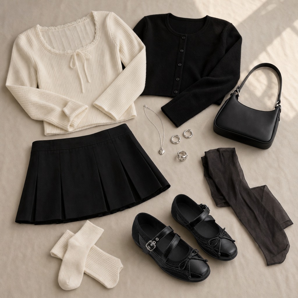 Ballerine Mary Jane nere con un outfit elegante in posa piatta