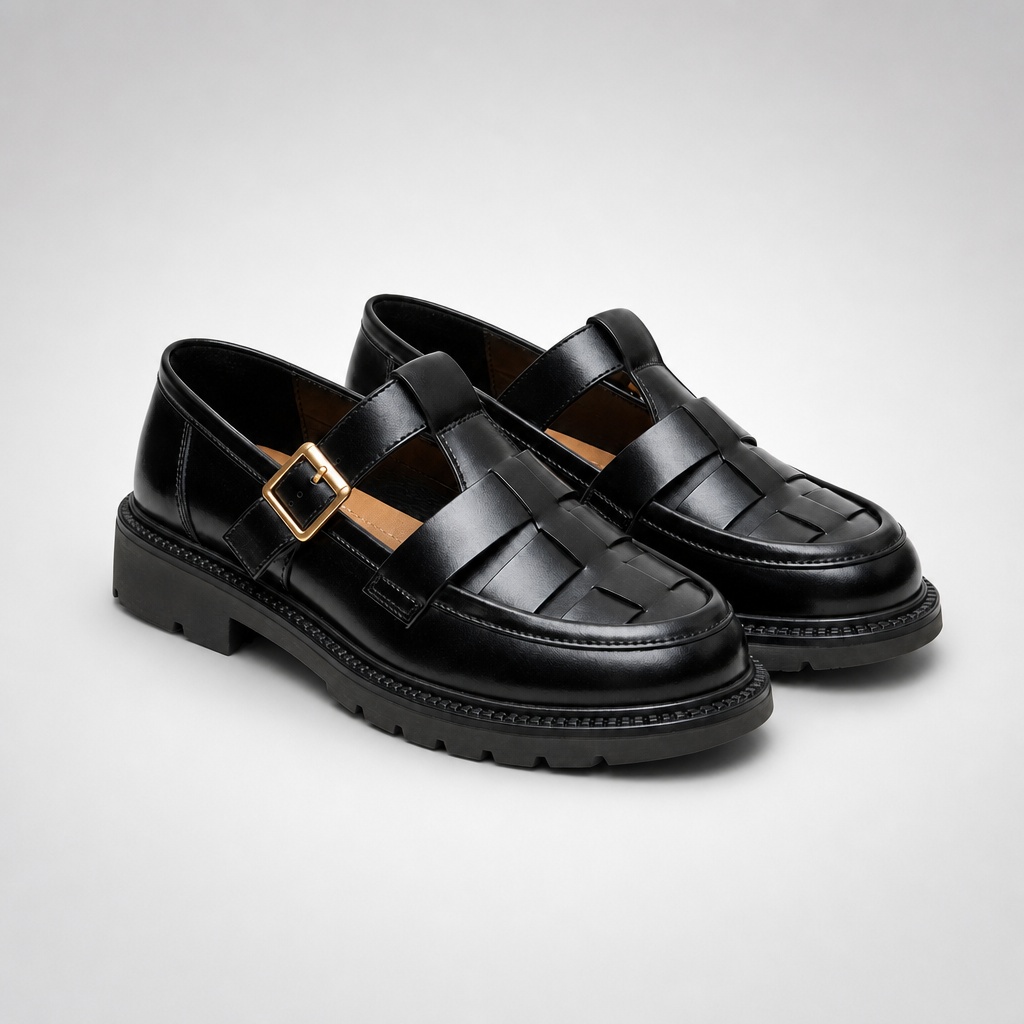 Black chunky lug sole fisherman shoes on light background