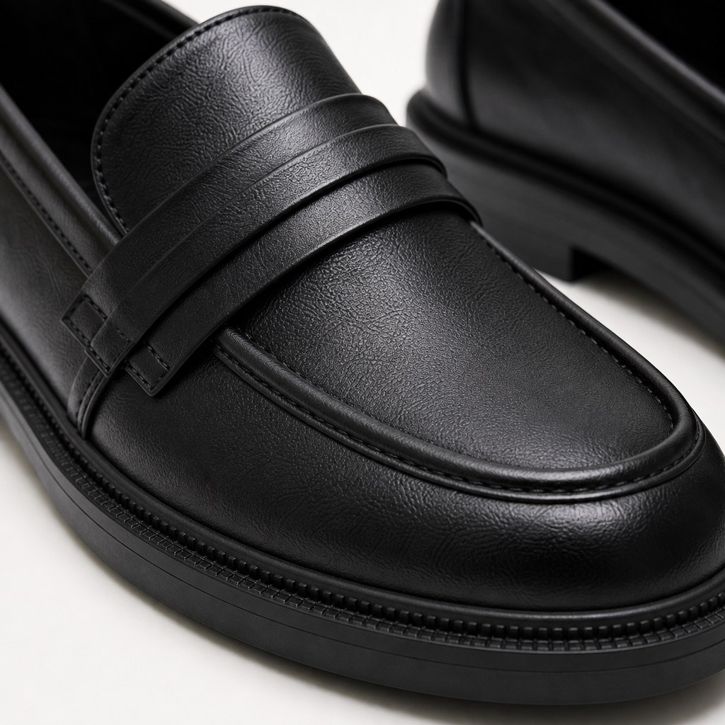 Gros plan sur la tige, la bride, les coutures et le bout arrondi d'un mocassin noir