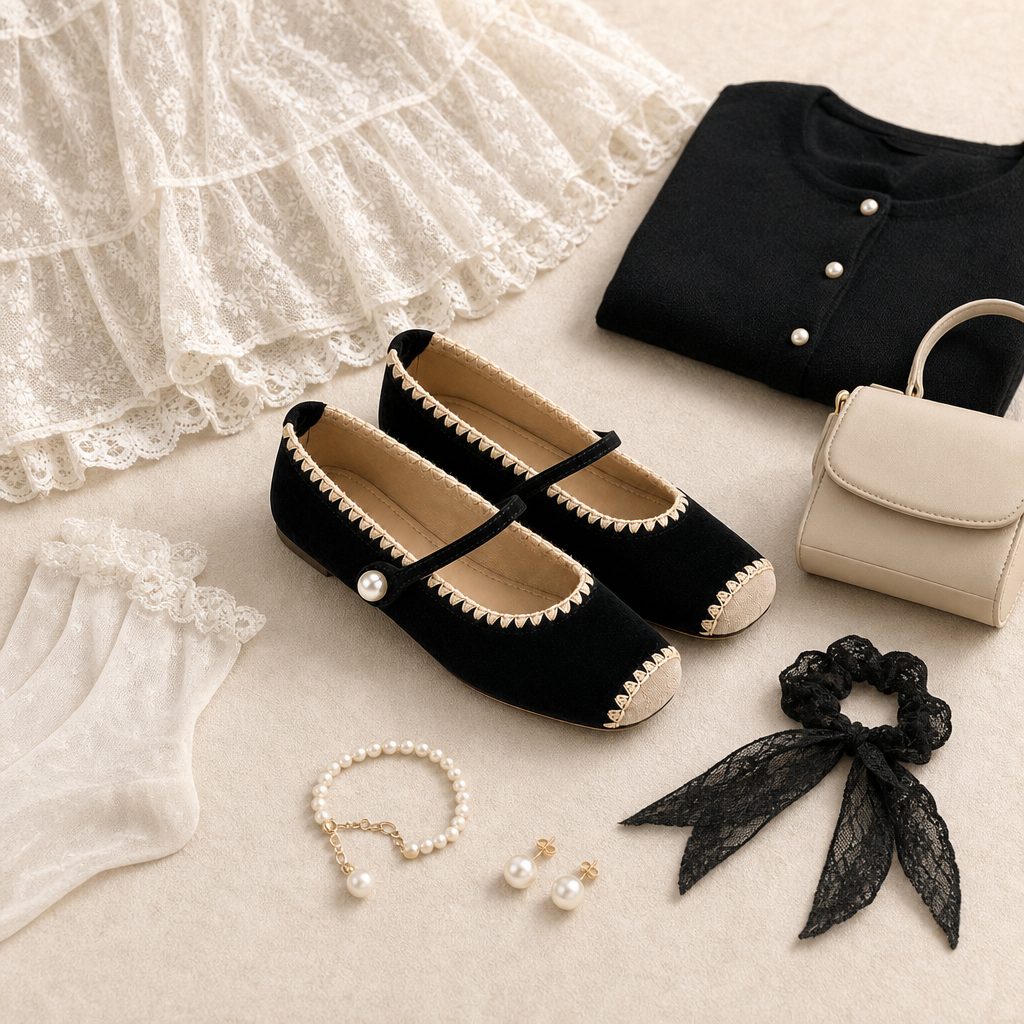 Ballerine Mary Jane nere in una composizione coordinata con accessori.