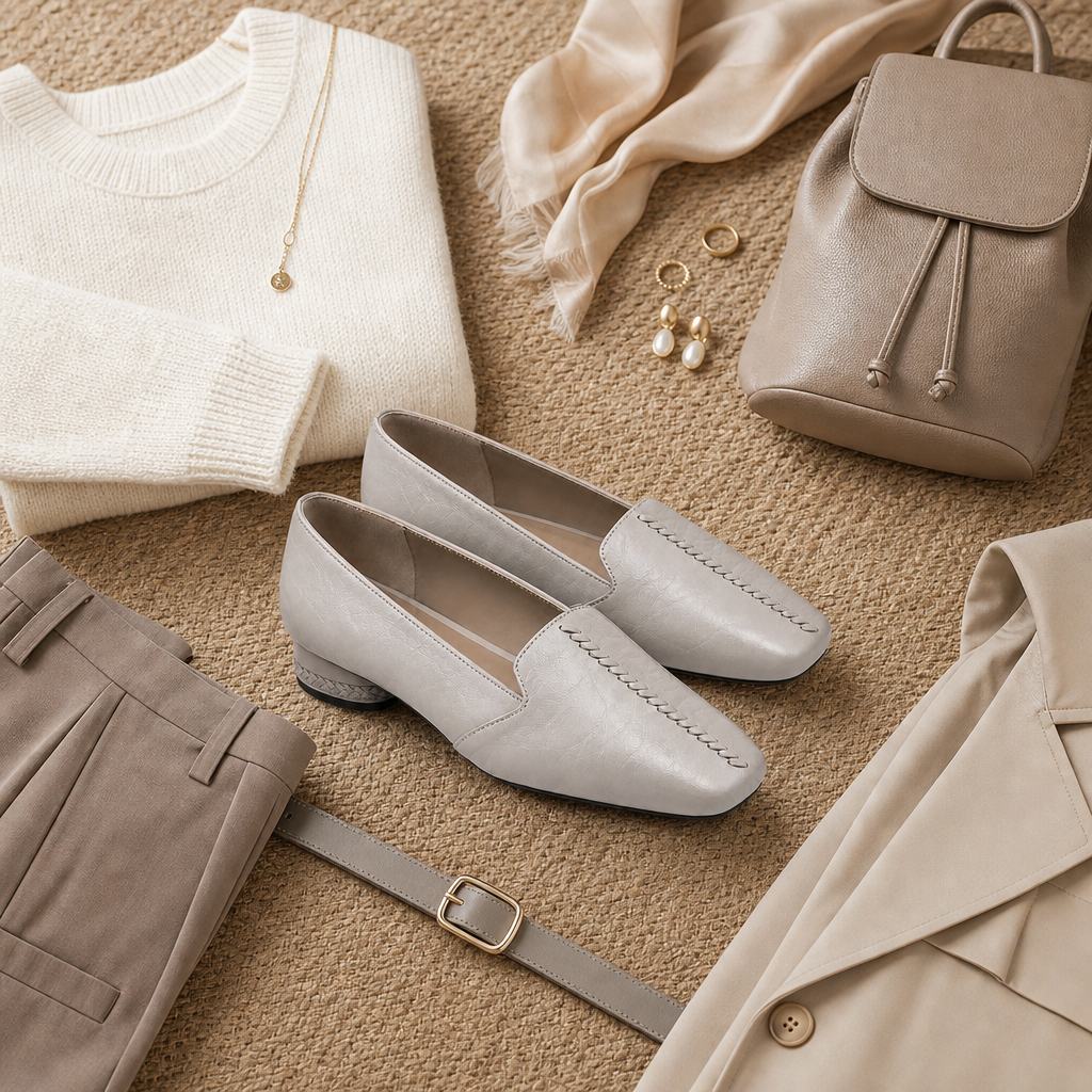 Mise en scène stylisée à plat avec des ballerines beiges et grises et des vêtements assortis