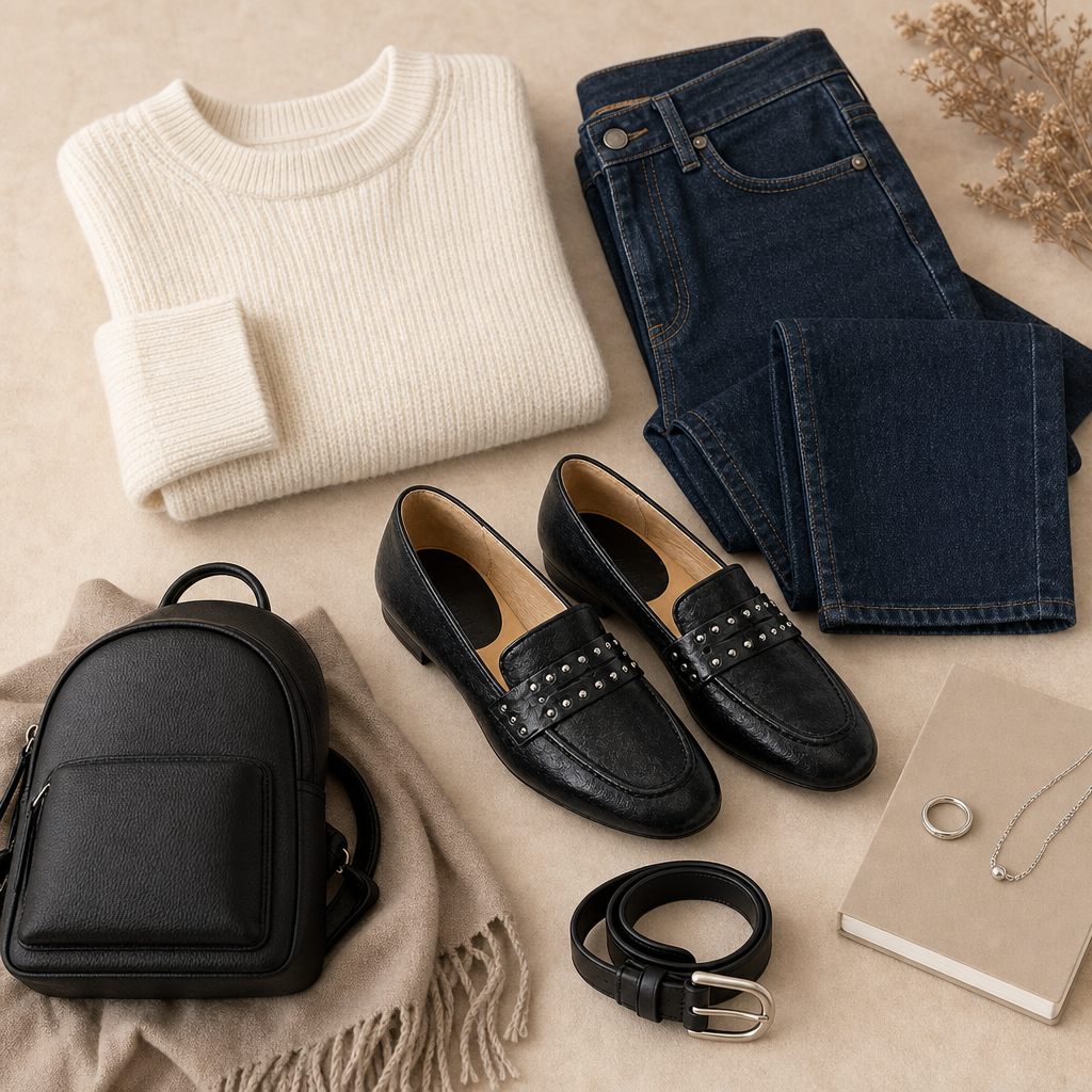 Black loafers styled with outfit accessories in a flat-lay scene