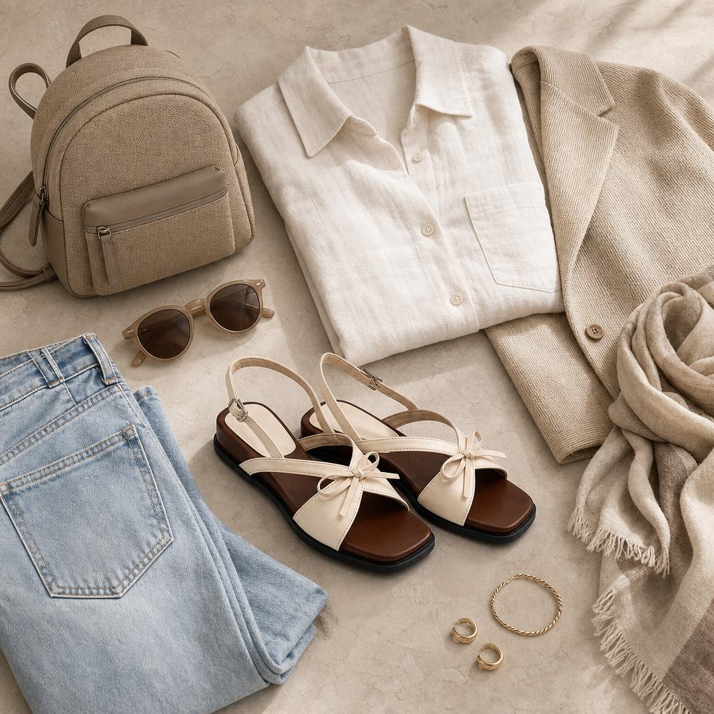Beige sandals styled with accessories in a flat-lay outfit scene