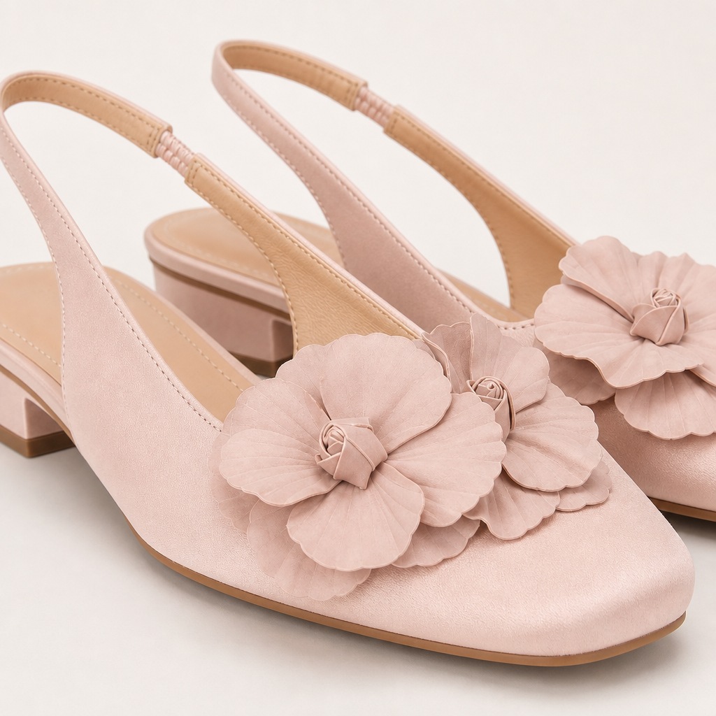 Close-up de apliques florais, parte superior em cetim, bico quadrado e detalhe de salto tipo slingback