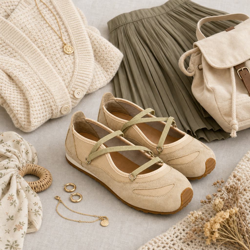 アパレルとアクセサリーを組み合わせたベージュのメリー ジェーン シューズ
