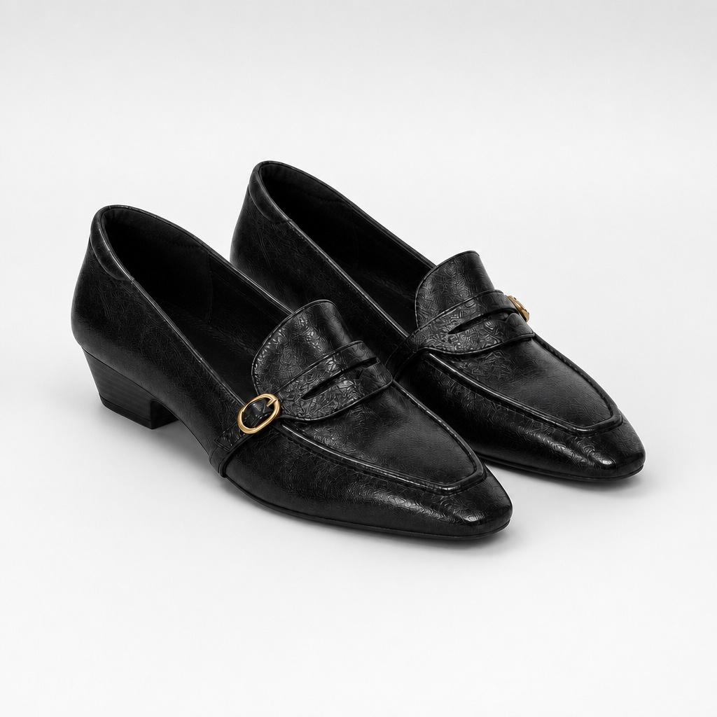 Black refined slip-on low heel dress loafers