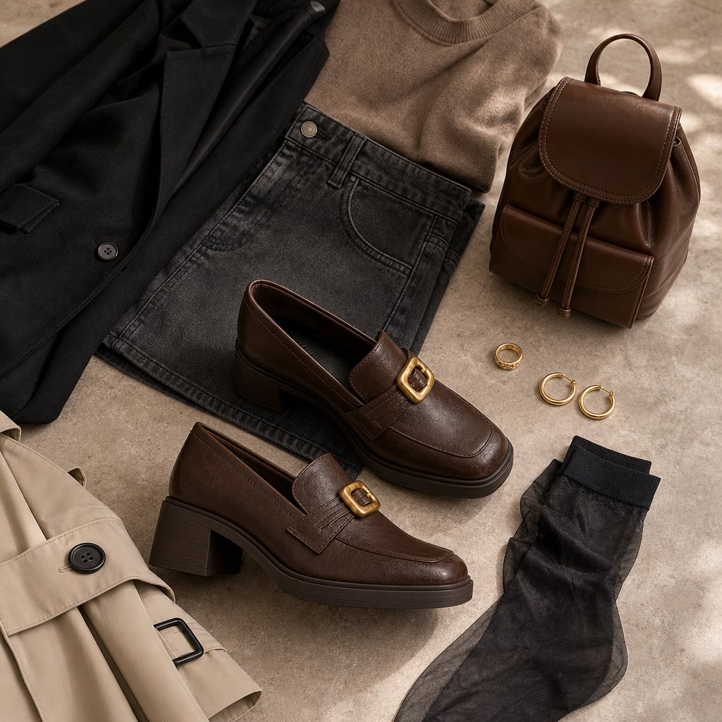 Mocassins marron à talons carrés, présentés à plat avec accessoires