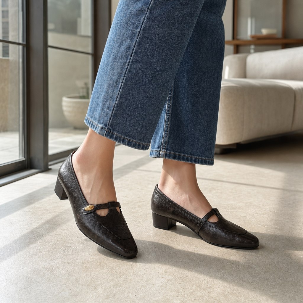 Black Mary Jane pumps worn indoors with jeans