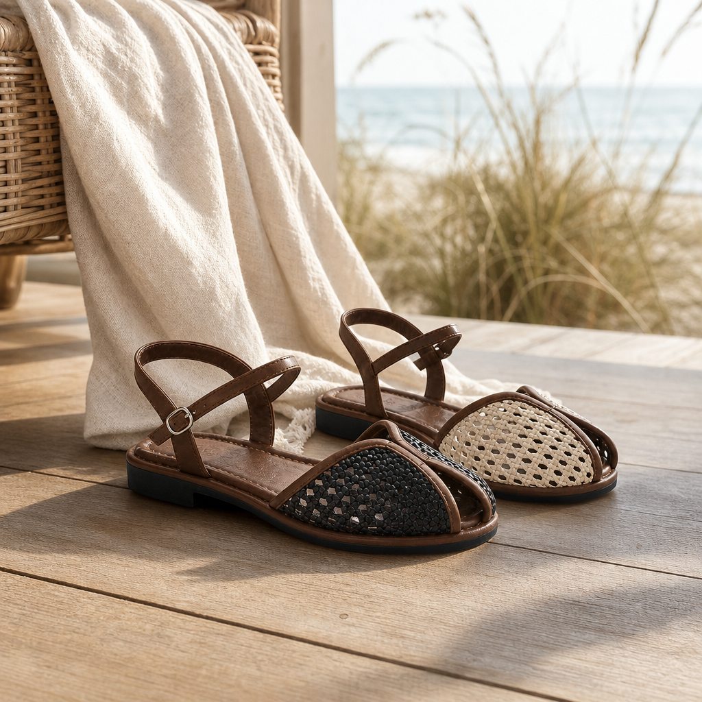 Closed toe flats styled with casual clothing on a beach deck