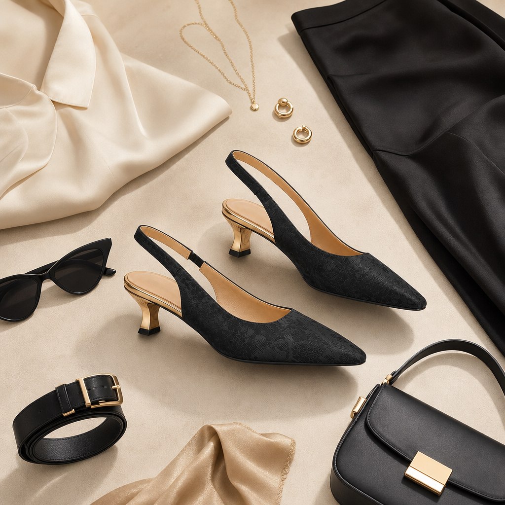 Salto tipo slingback preto brilhante com acessórios