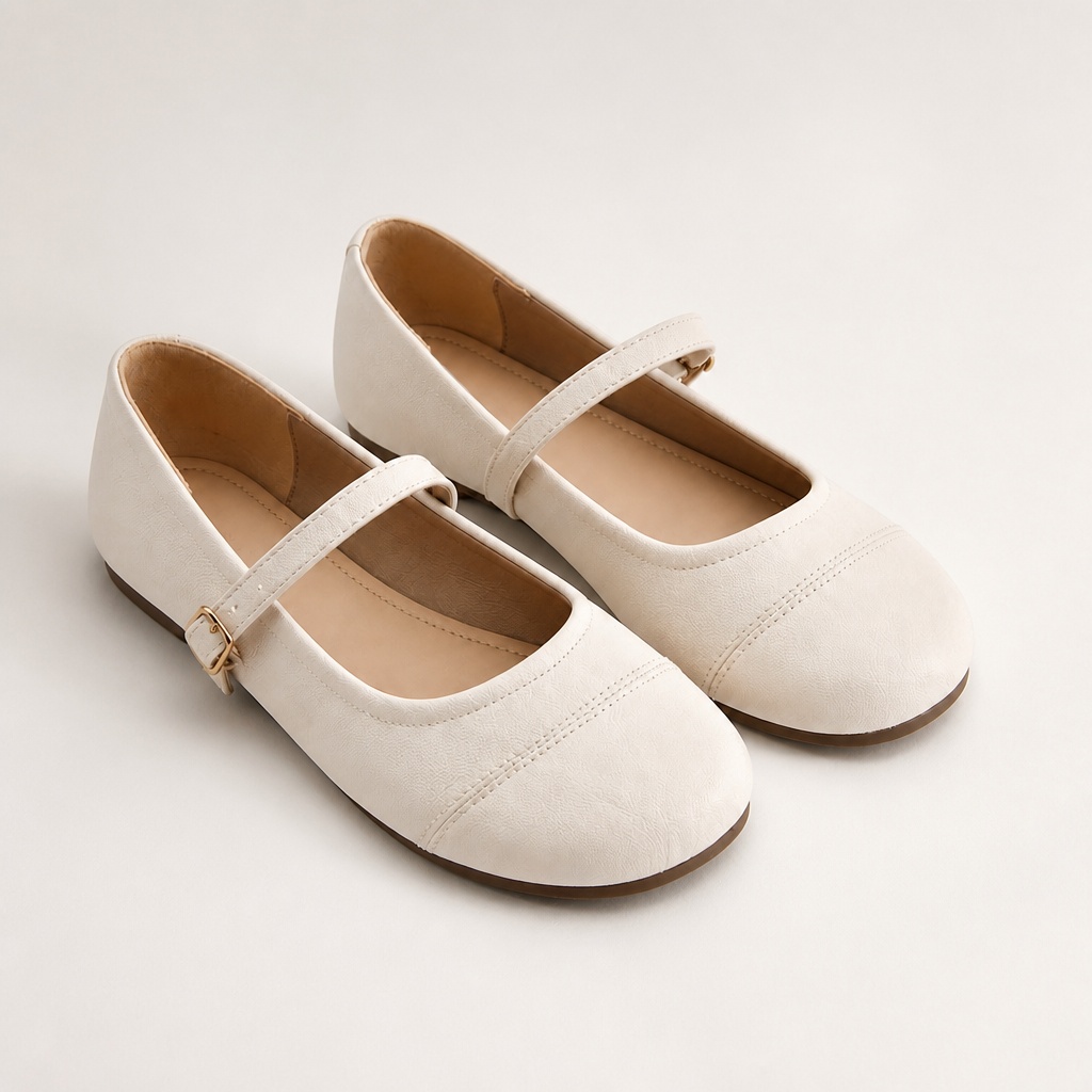 Valkoinen pyöreä varvas Mary Jane flats vaalealla pohjalla