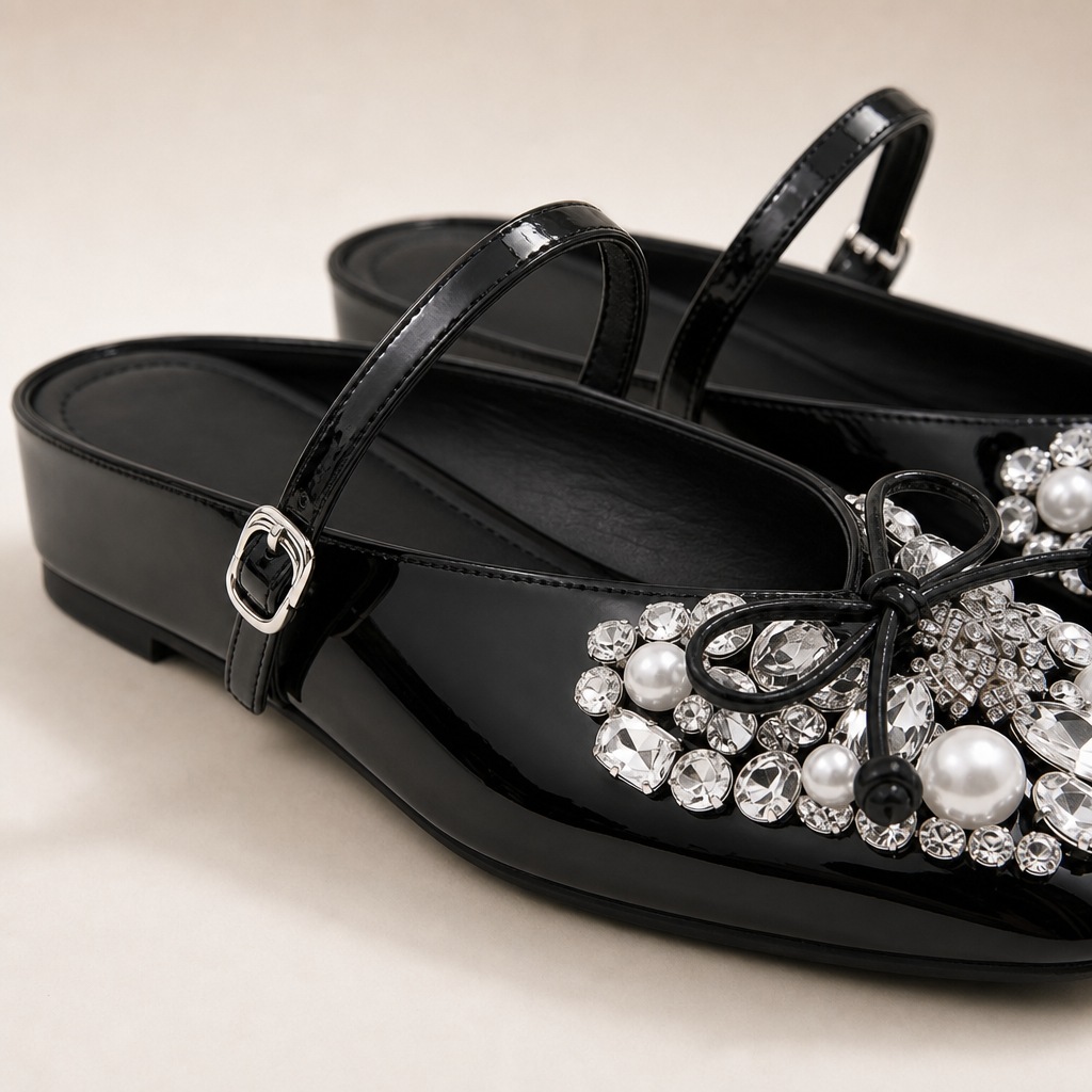 Close-up of black sandal strap buckle and jeweled bow embellishment