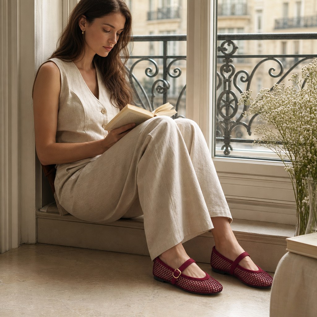Ballerine Mary Jane rosse e scintillanti, da indossare in casa.