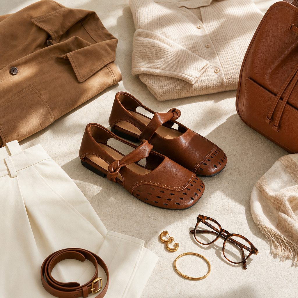 Coffee shoes styled in a flat lay outfit scene
