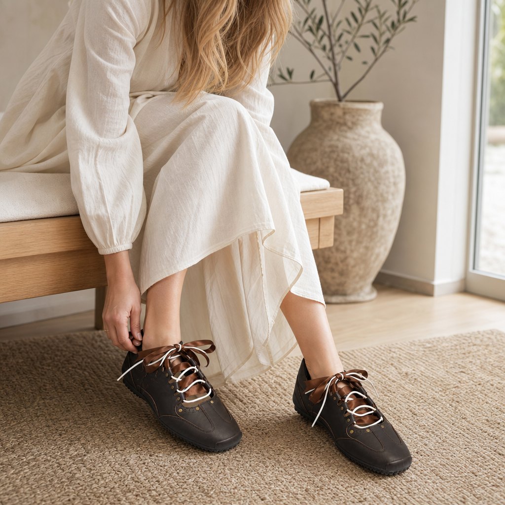 Καθιστό μοντέλο φοράει καφέ μεταλλικά sneaker flats