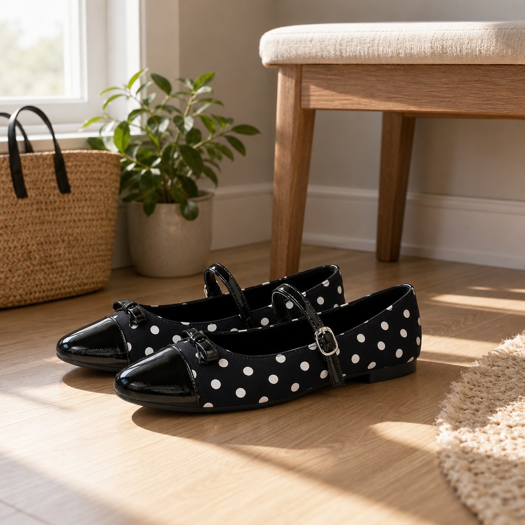 Μαύρα πουά Mary Jane flats σε μια εσωτερική σκηνή