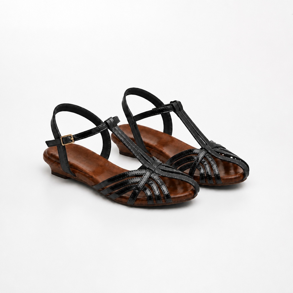 Black closed toe wedge sandal pair