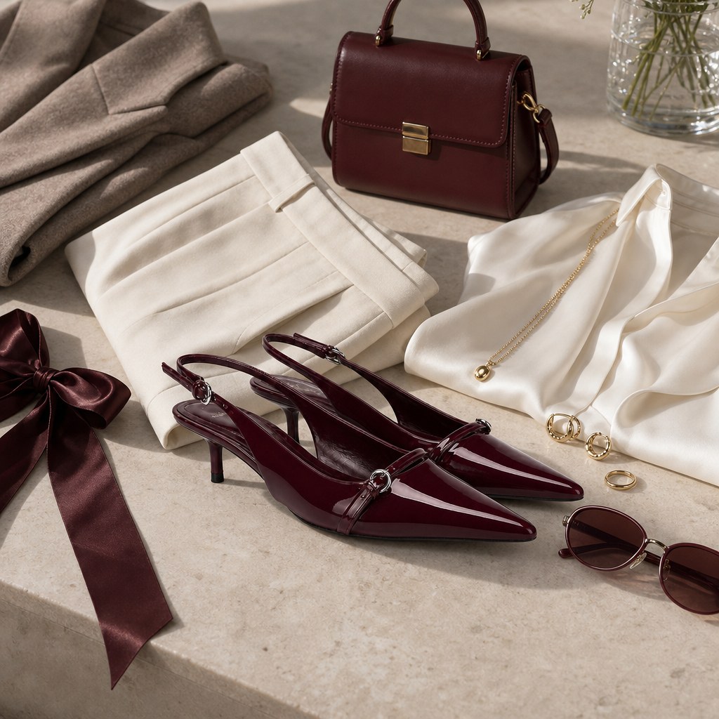 Salto tipo slingback cor de vinho com acessórios