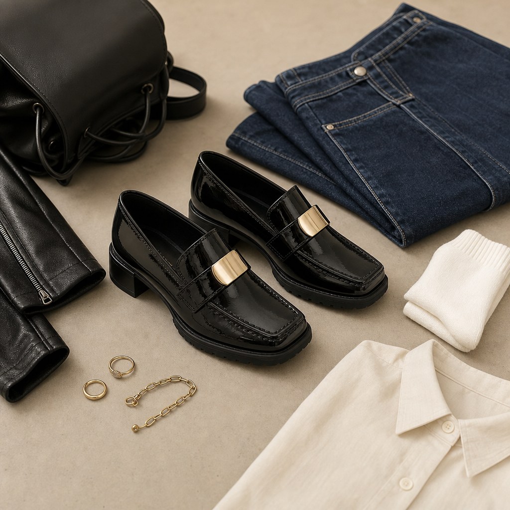 Composition à plat d'une tenue avec des mocassins noirs à talons et des accessoires.
