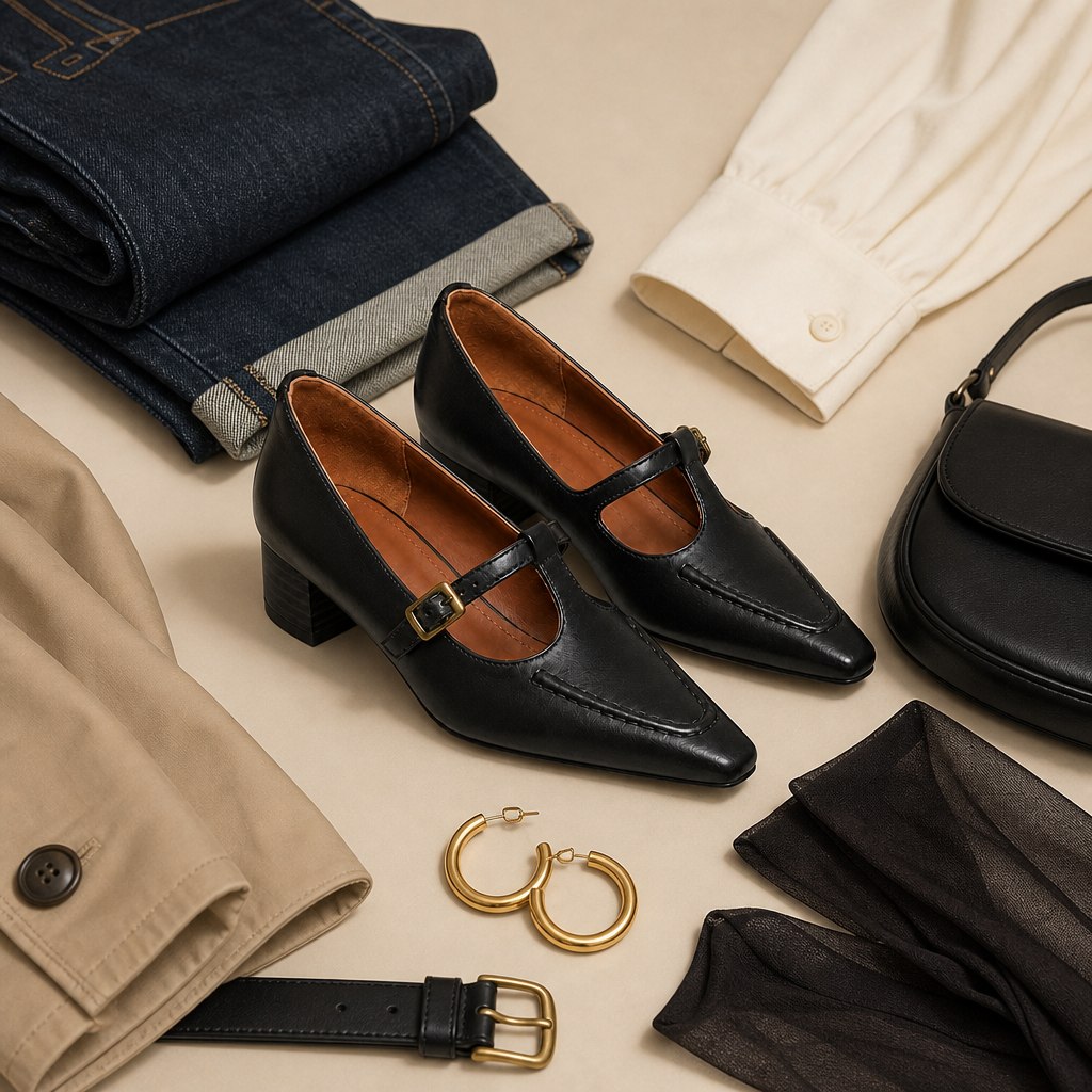 Sapatos pretos com fivela e estilo com roupas e acessórios