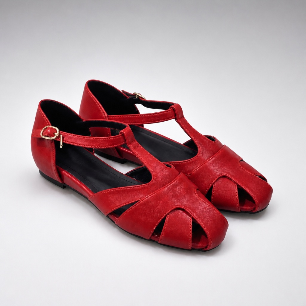 Red hollow-out low heeled shoes