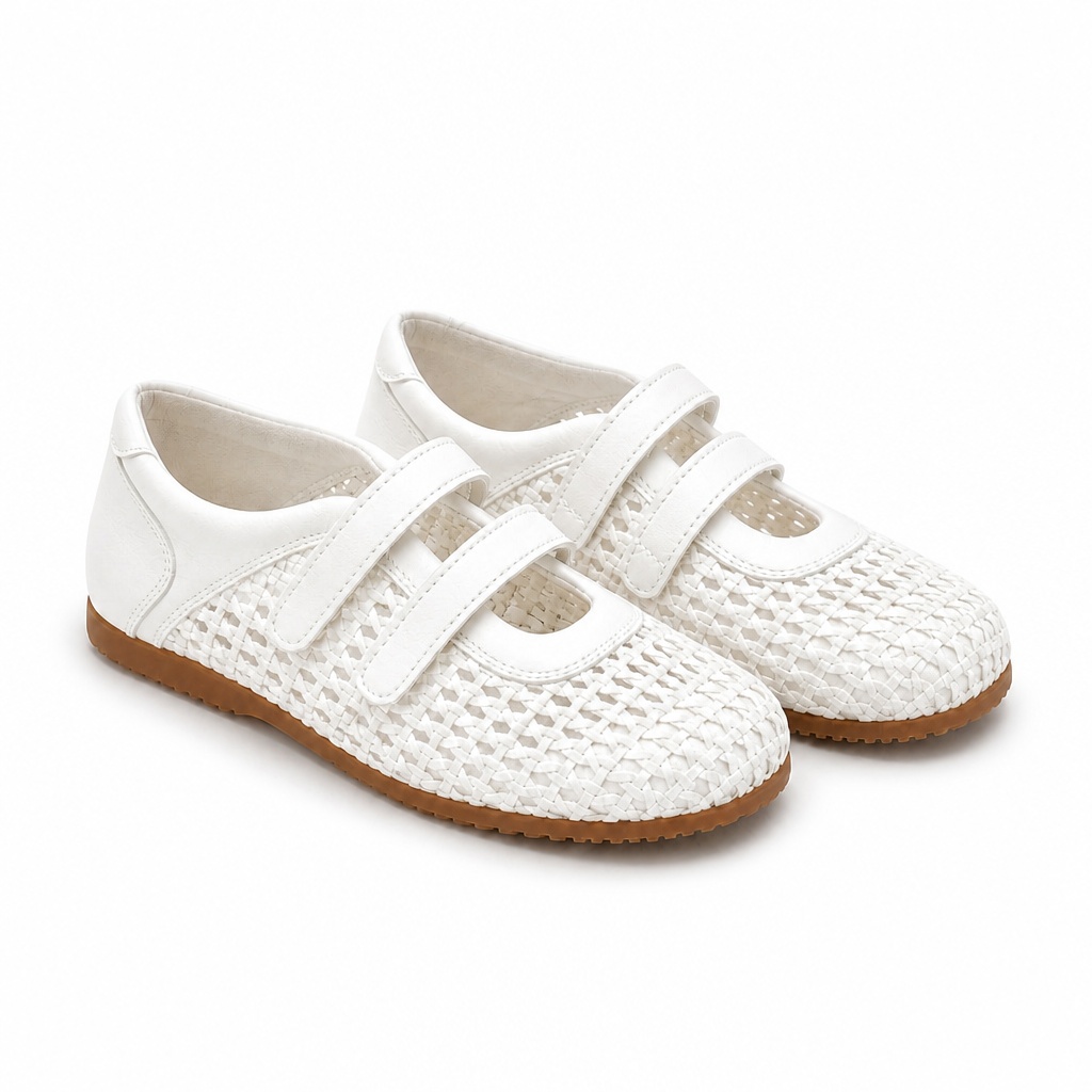 Ballerine Mary Jane bianche intrecciate, opzione colore