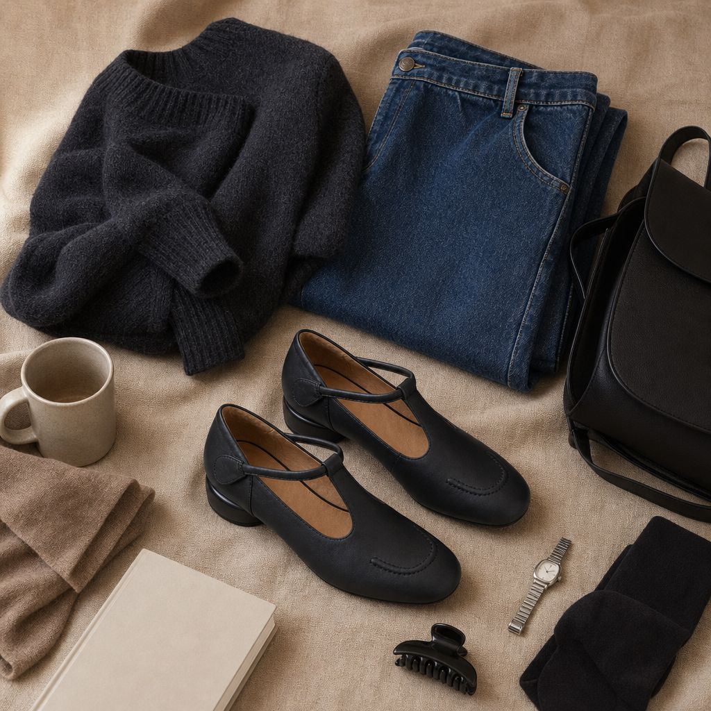 Brown Mary Jane shoes in a styled flat lay with accessories