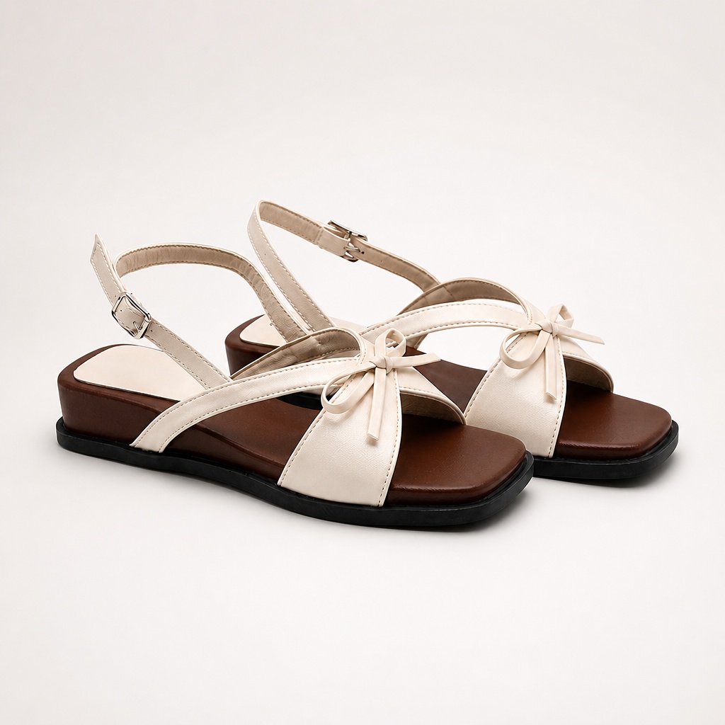 Beige flat sandals with bow accent and square toe