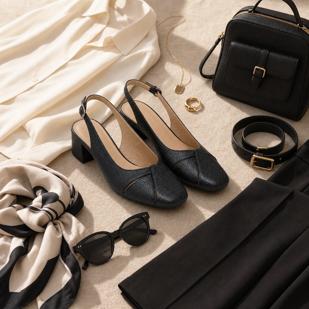 Salto tipo slingback preto com acessórios coordenados