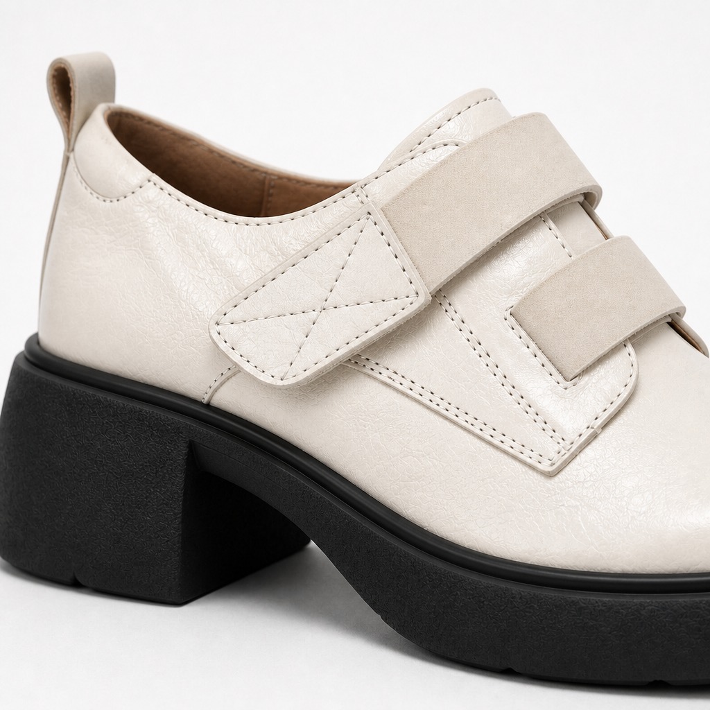 Gros plan latéral des coutures de la bride du mocassin et de la semelle plateforme