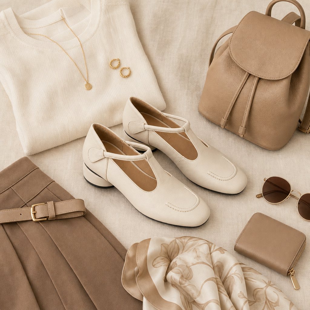 White Mary Jane shoes in a styled flat lay with accessories