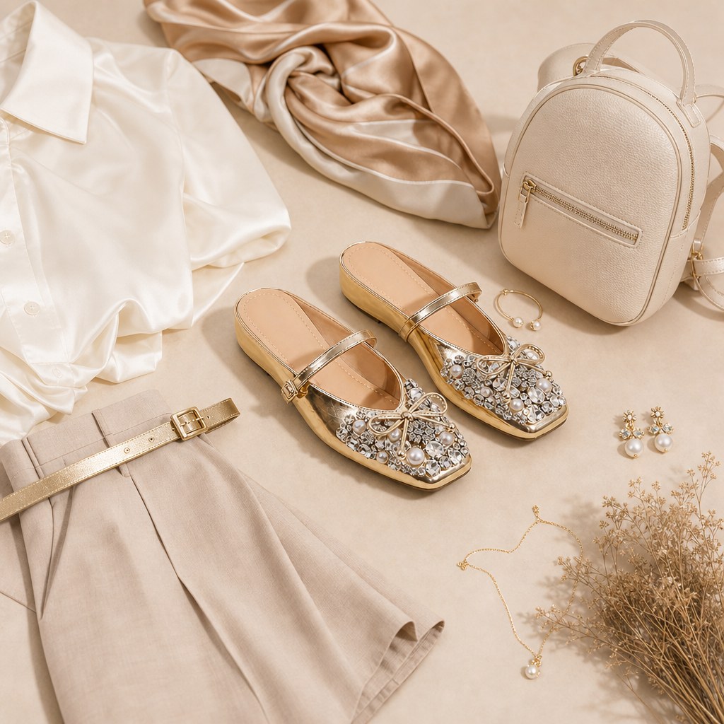 Gold sandals styled with clothing bag and accessories