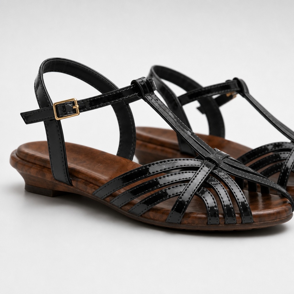 Black sandal front and side detail showing closed toe weave and buckle