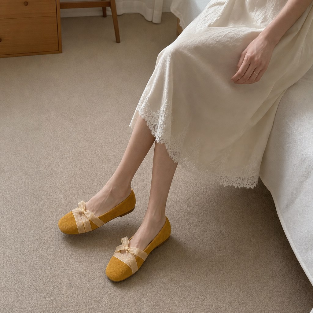Ballerine gialle con fiocco, indossate da sedute in casa.