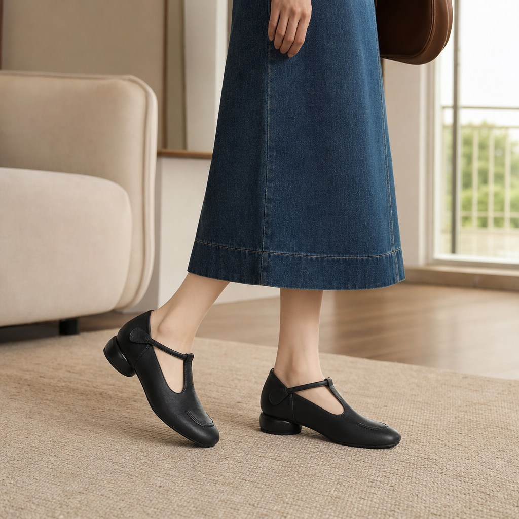 Black Mary Jane shoes worn in an indoor lifestyle scene