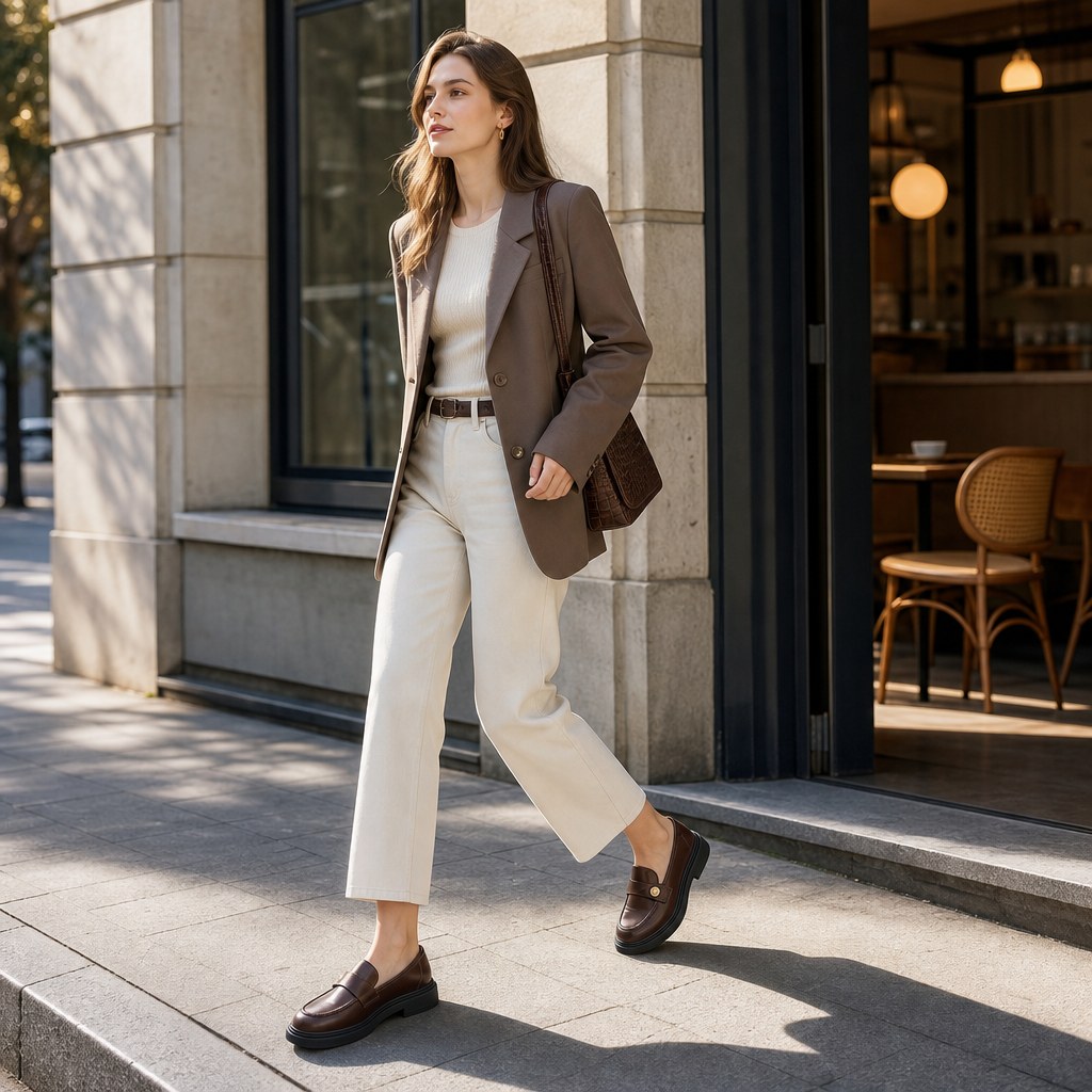 Mocassins portés à l'extérieur avec une tenue décontractée