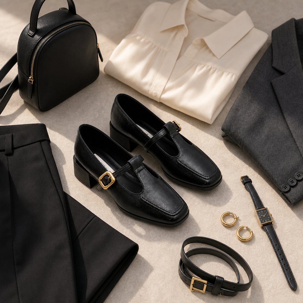 Chaussures à boucle noire assorties aux vêtements et accessoires
