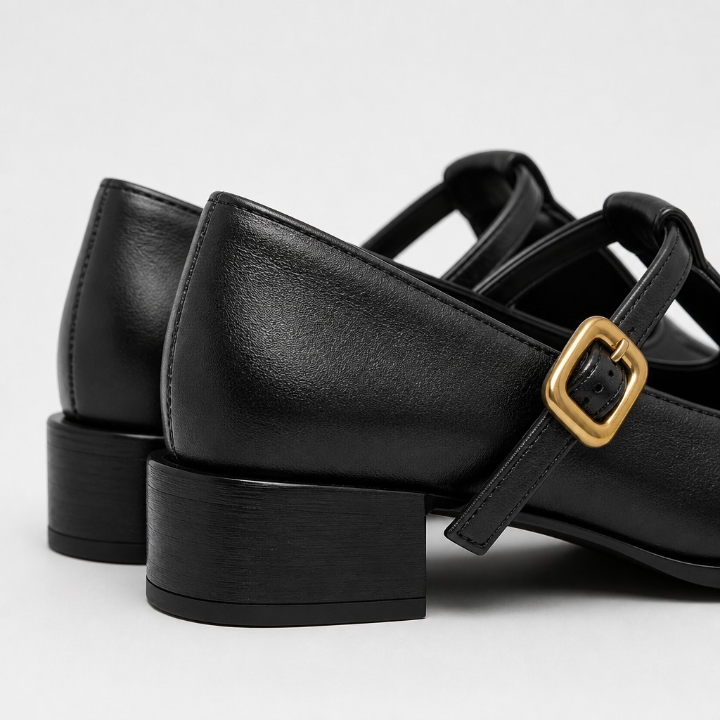 Détails arrière et latéraux d'une chaussure à talon bloc et bride à boucle noire