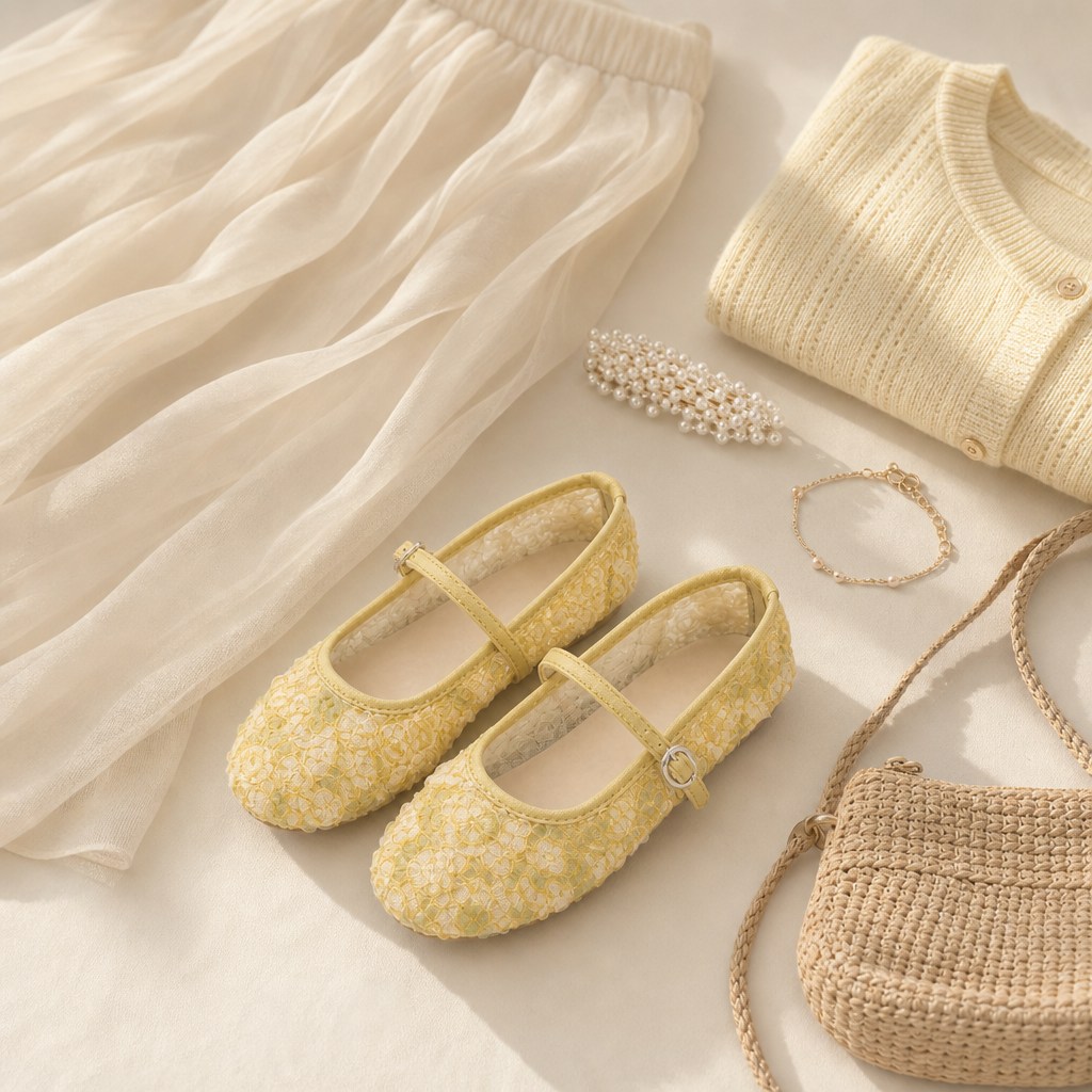 Yellow Mary Jane flats σε στυλ lay